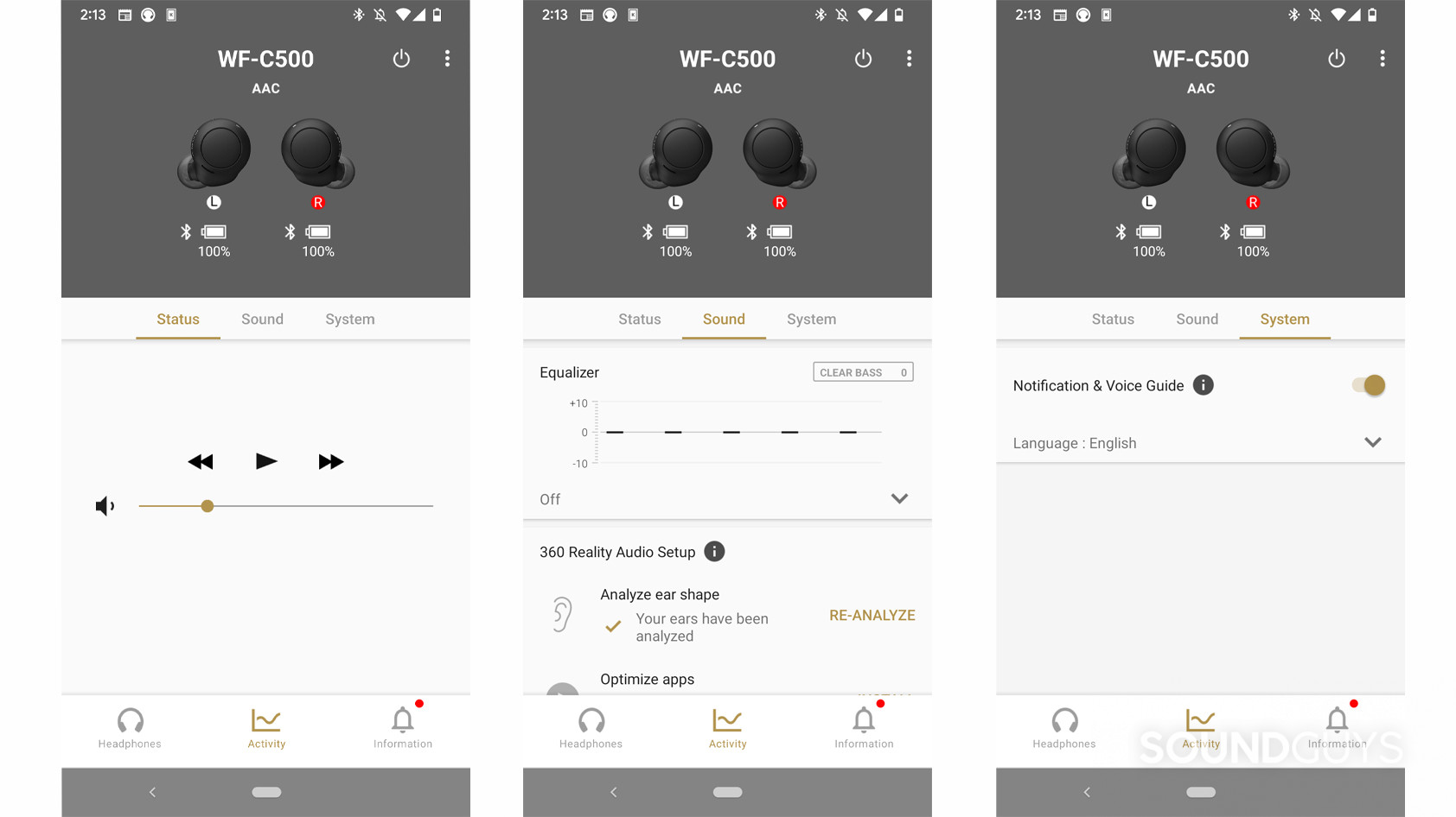 The Sony WF-C500 app shown in three screenshots of the Status, Sound, and System tabs, plus the battery and codec status of the buds.