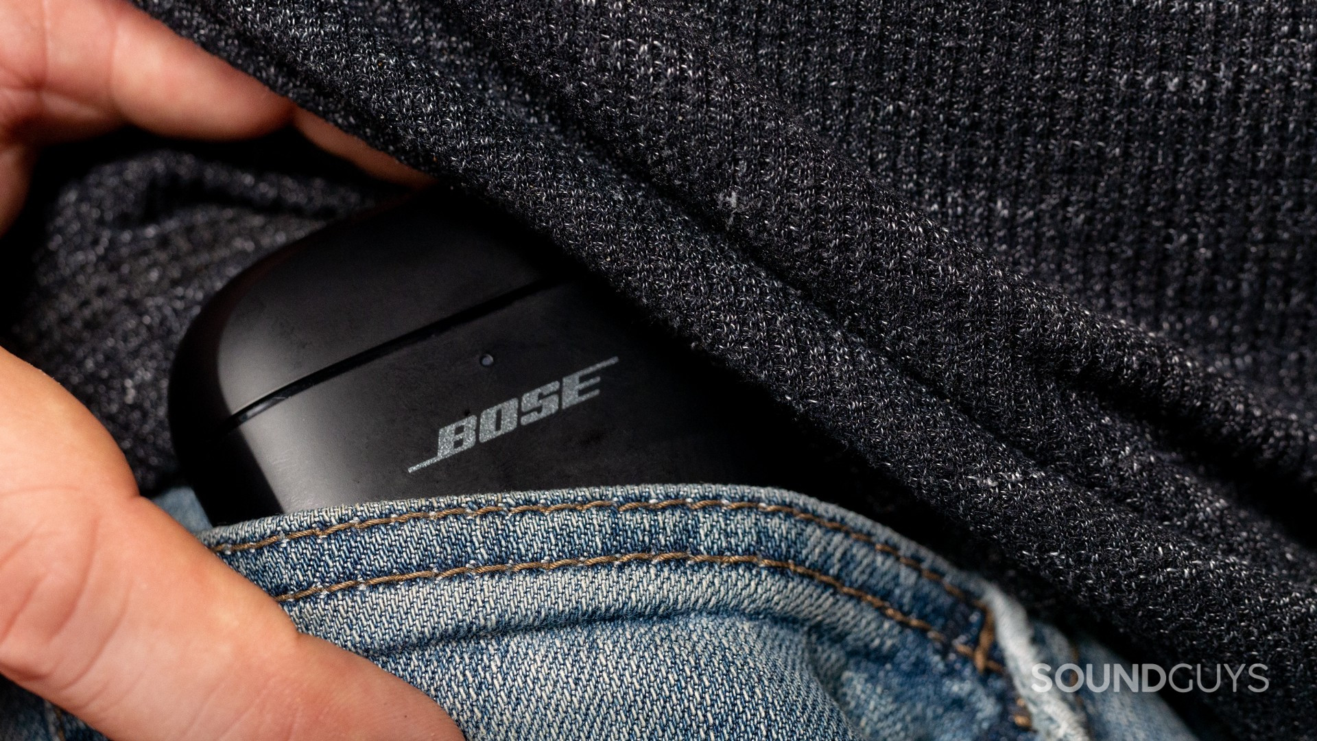 The charging case of the Bose QuietComfort Ultra Earbuds is a little chunky, but can still fit in the small pocket of your jeans.