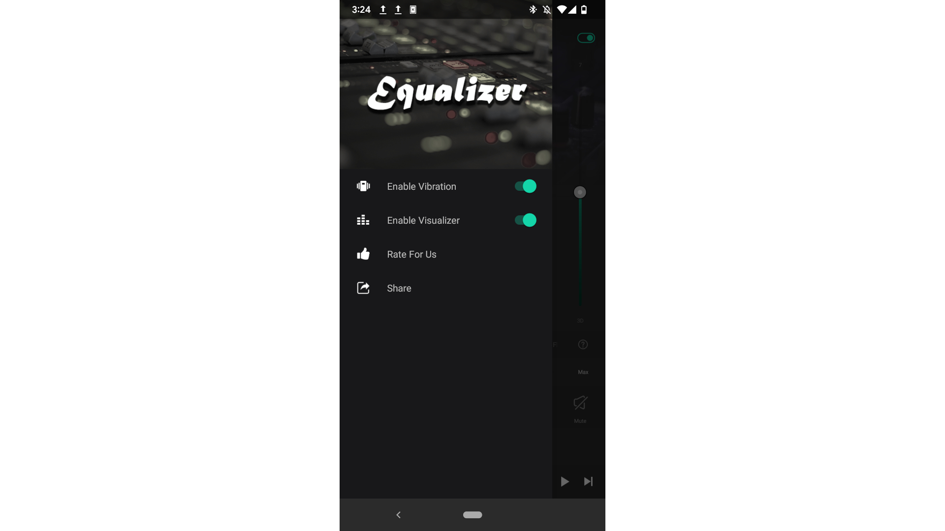 A screenshot of the EqualizerFX Pro app's settings menu.