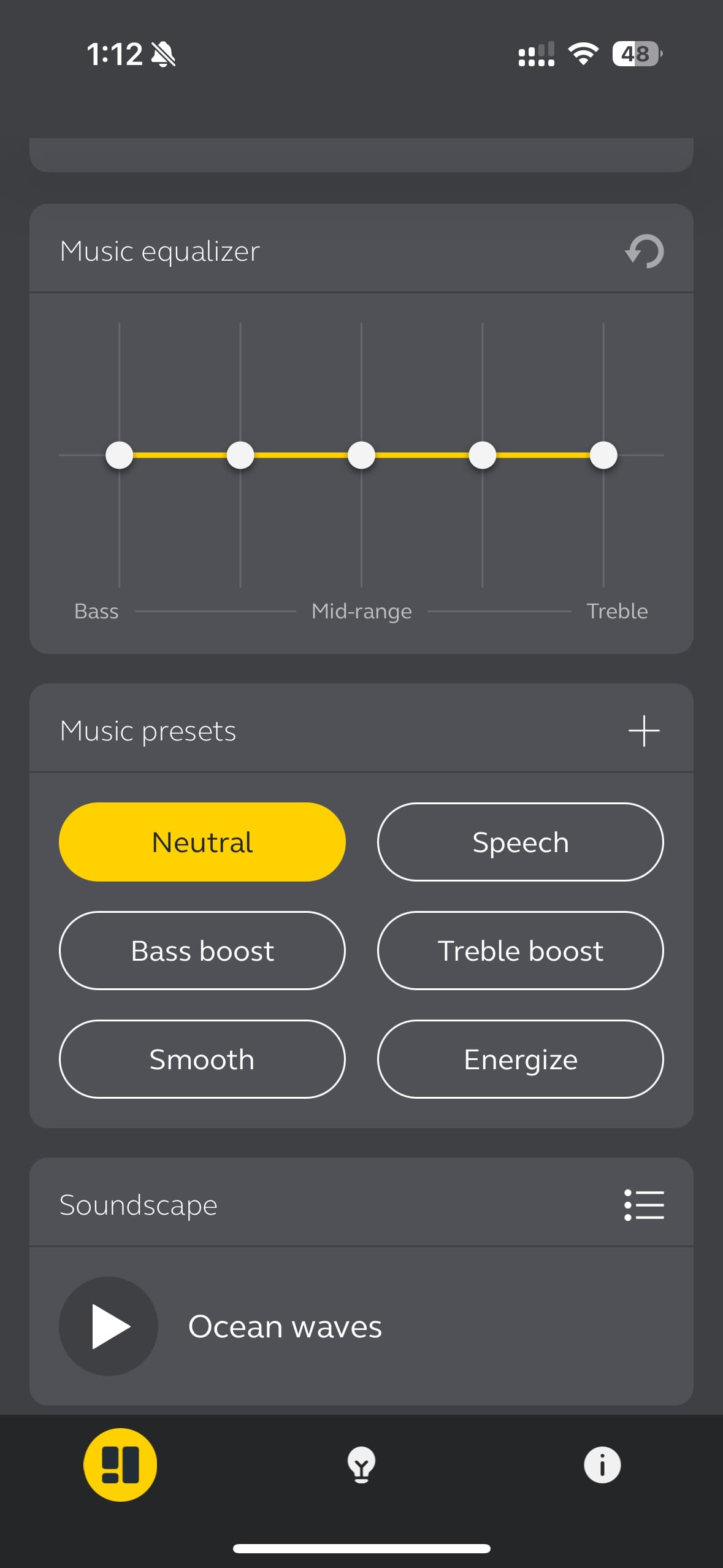 A screenshot of the Jabra Sound+ app showing the EQ settings.