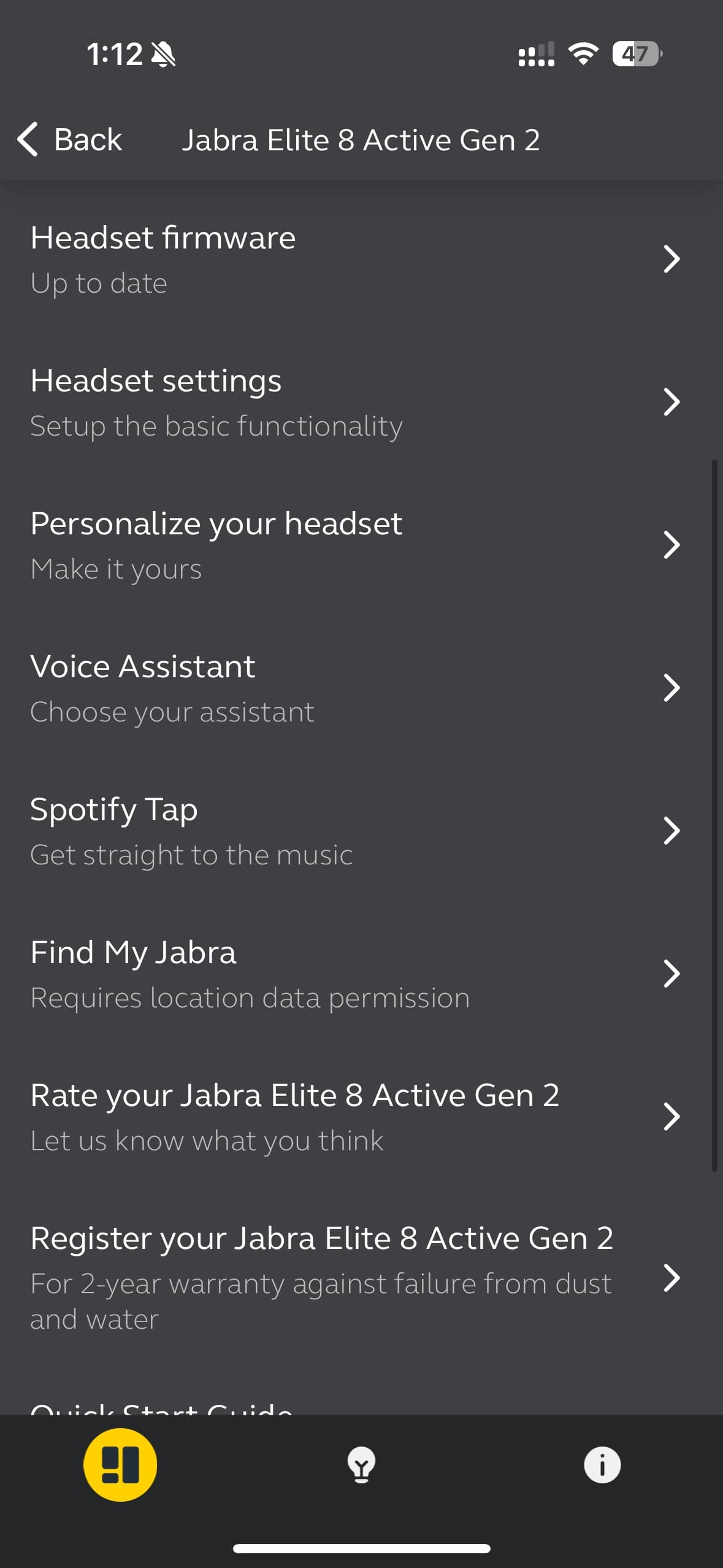 Jabra Sound+ app settings for the Jabra Elite 8 Active Gen 2.