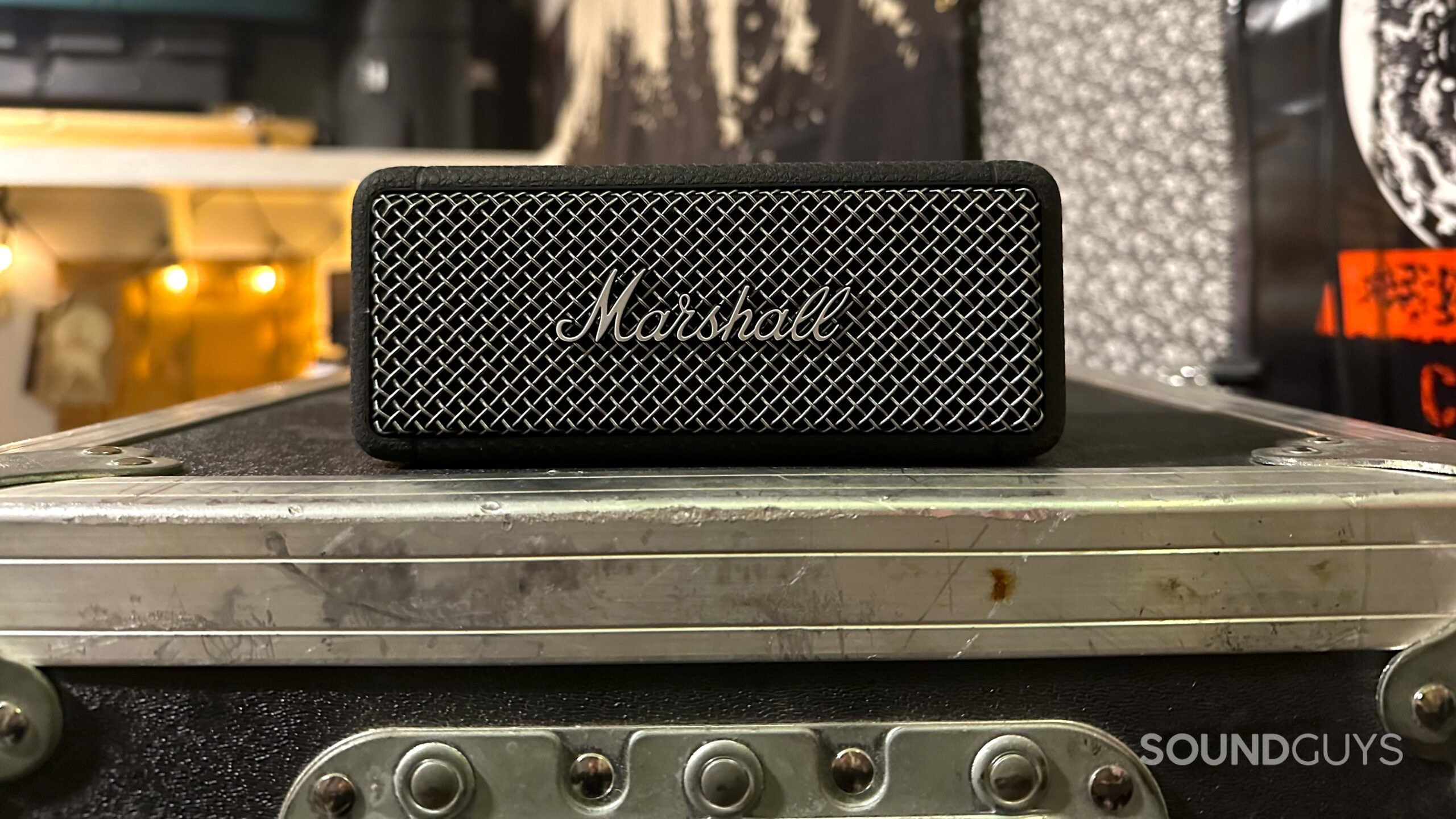 A front facing photo of the Marshall Emberton II on a road case.