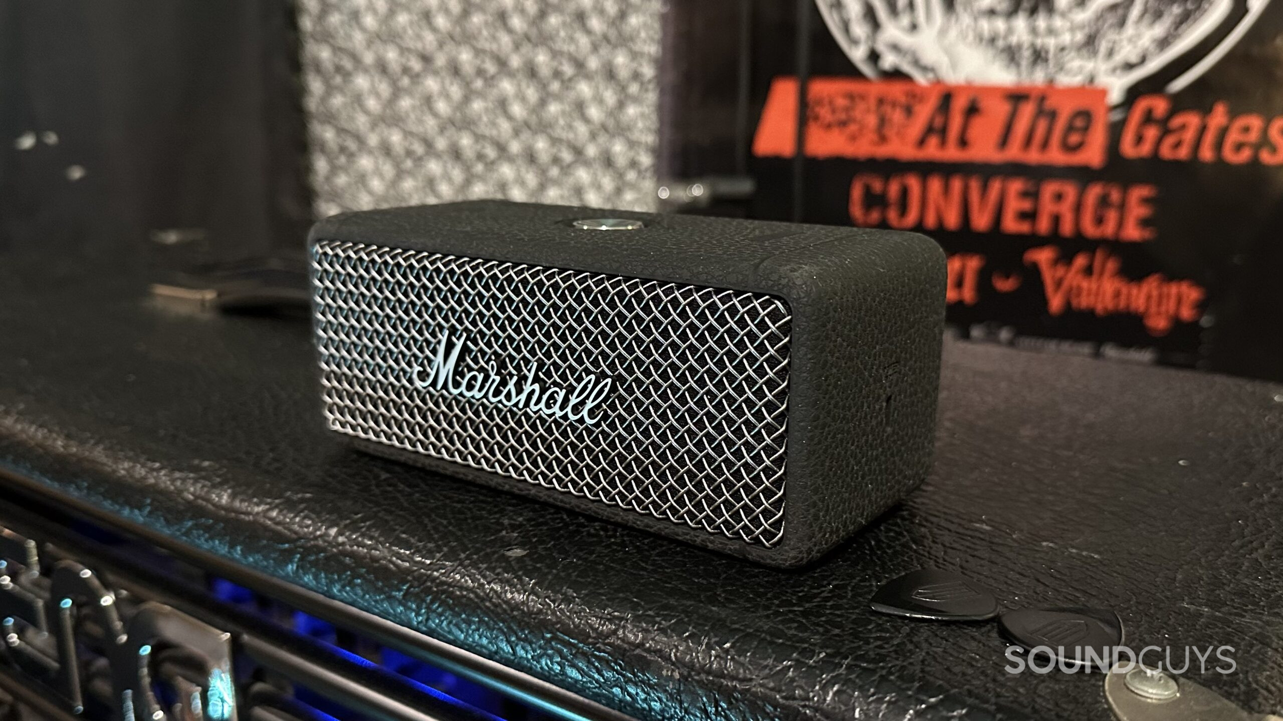 A Marshall Emberton II Bluetooth speaker place on top of an amp.