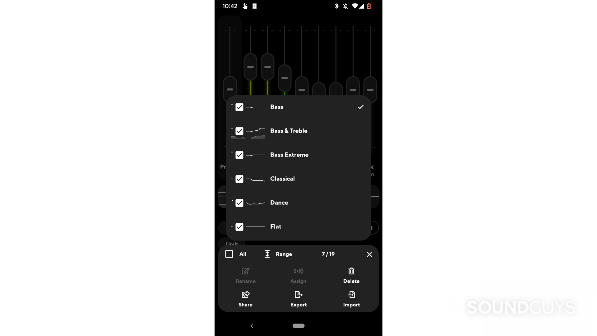 A screenshot of the Poweramp Equalier app showing the available EQ presets.