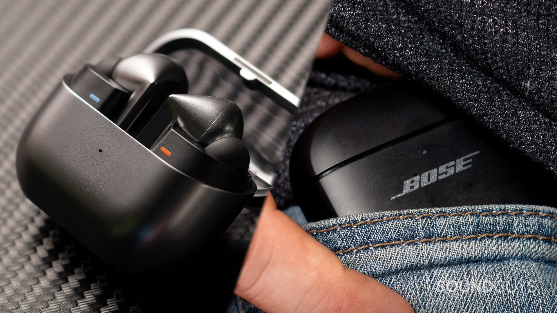 Samsung Galaxy Buds3 Pro next to Bose QuietComfort Ultra Earbuds.