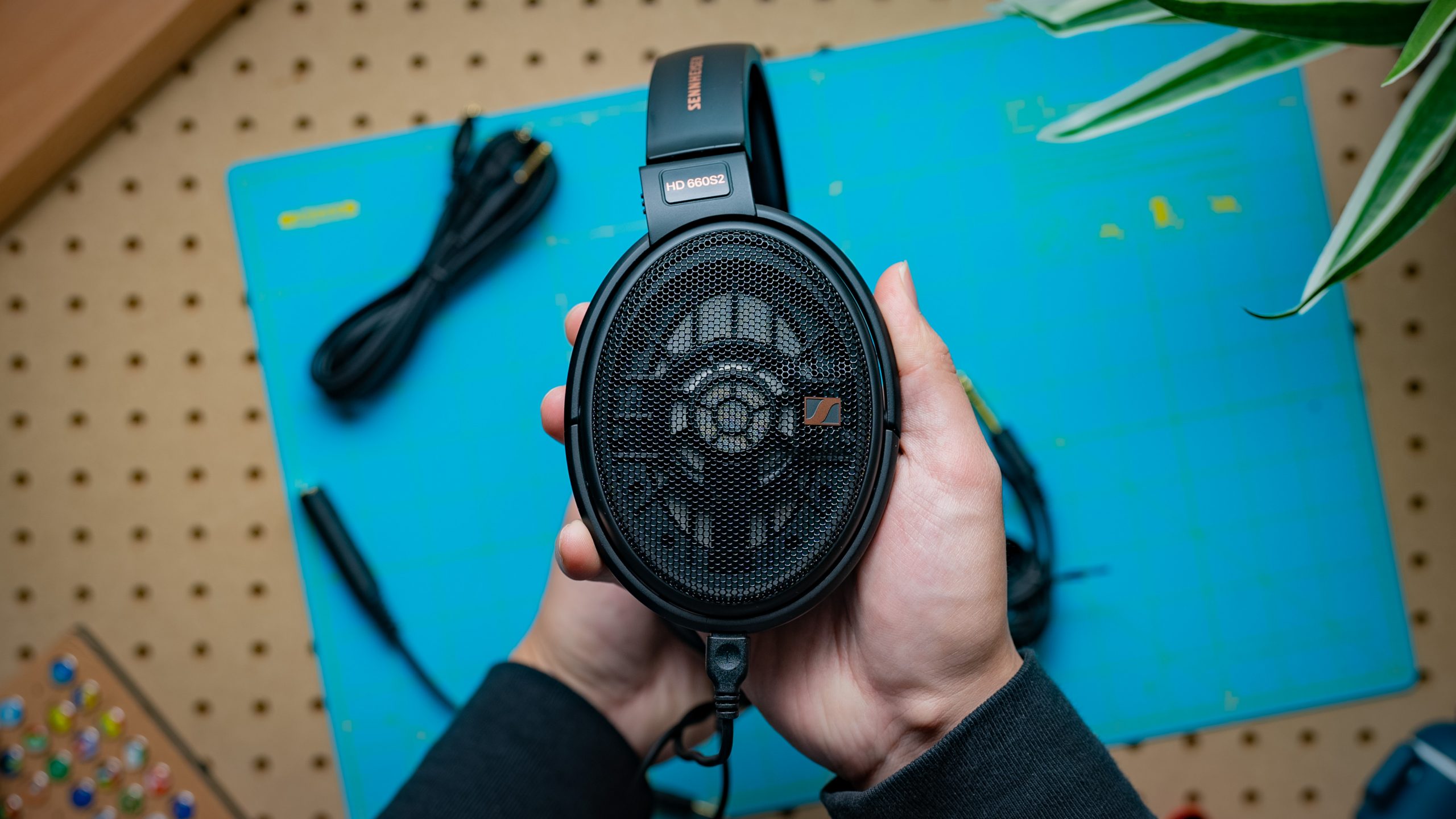 A photo showing the open back of the Sennheiser HD 660S2 headphones, over a cyan and pegboard background.