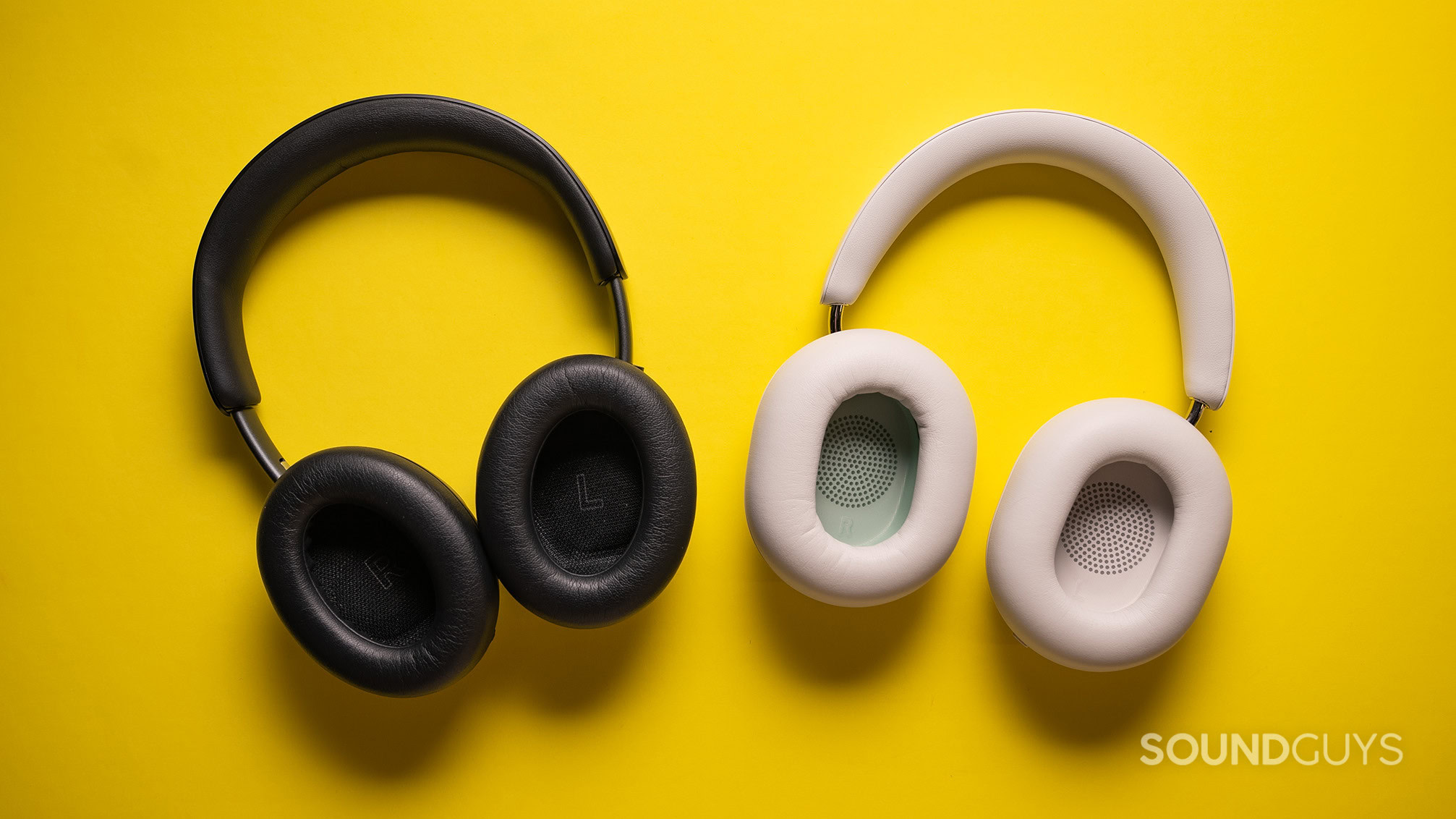 Sonos Ace next to Bose QuietComfort Ultra Headphones on a yellow table. 