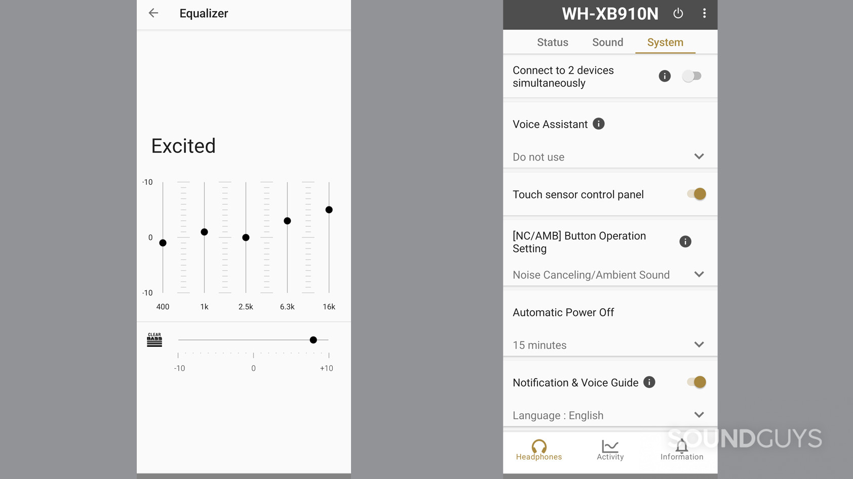 two screenshots show an EQ preset and some system settings you can change for the Sony WH-XB910N.