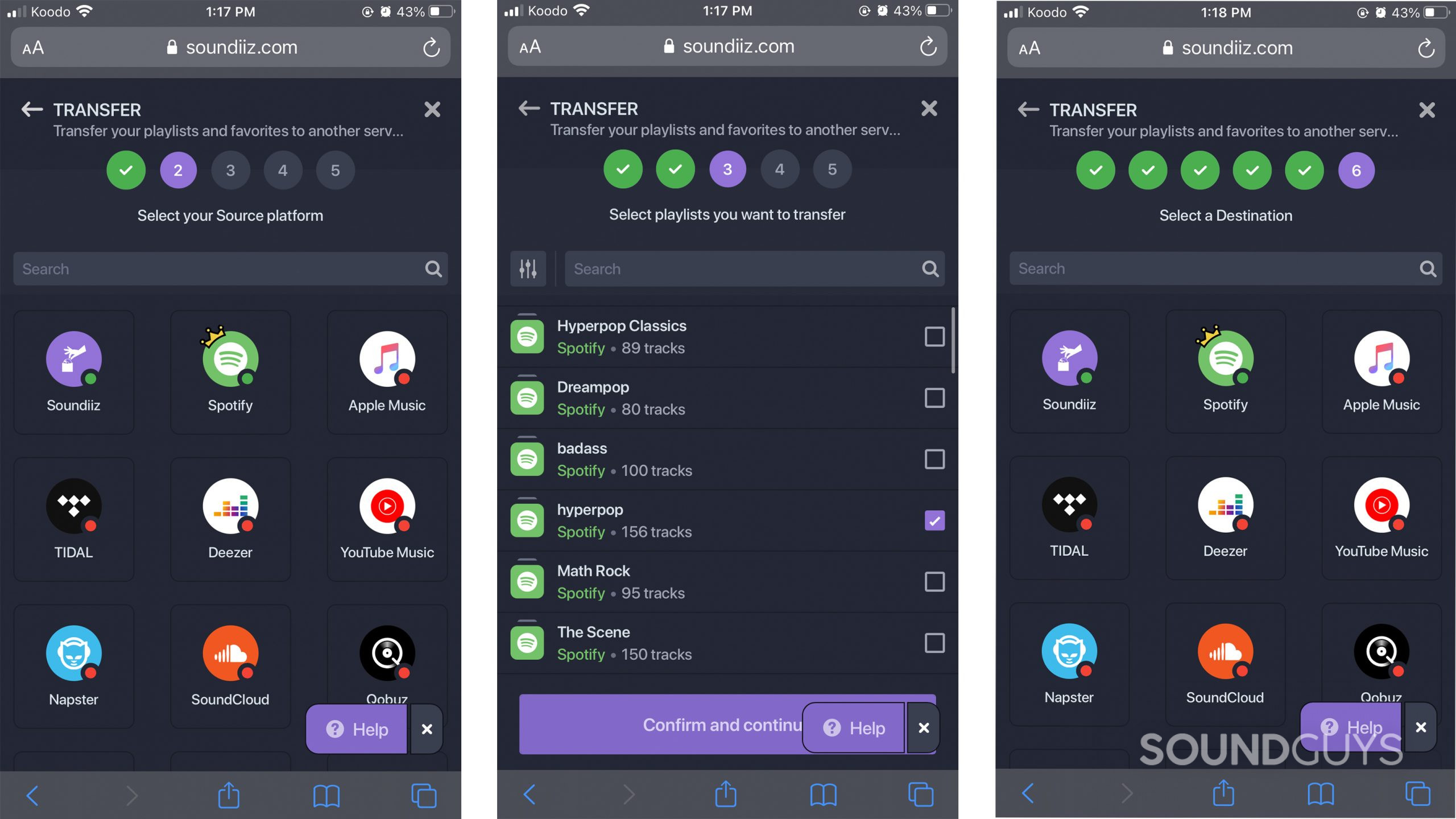 The first three steps of using Soundiiz, showing the source selector, playlist selector, and destination selector.