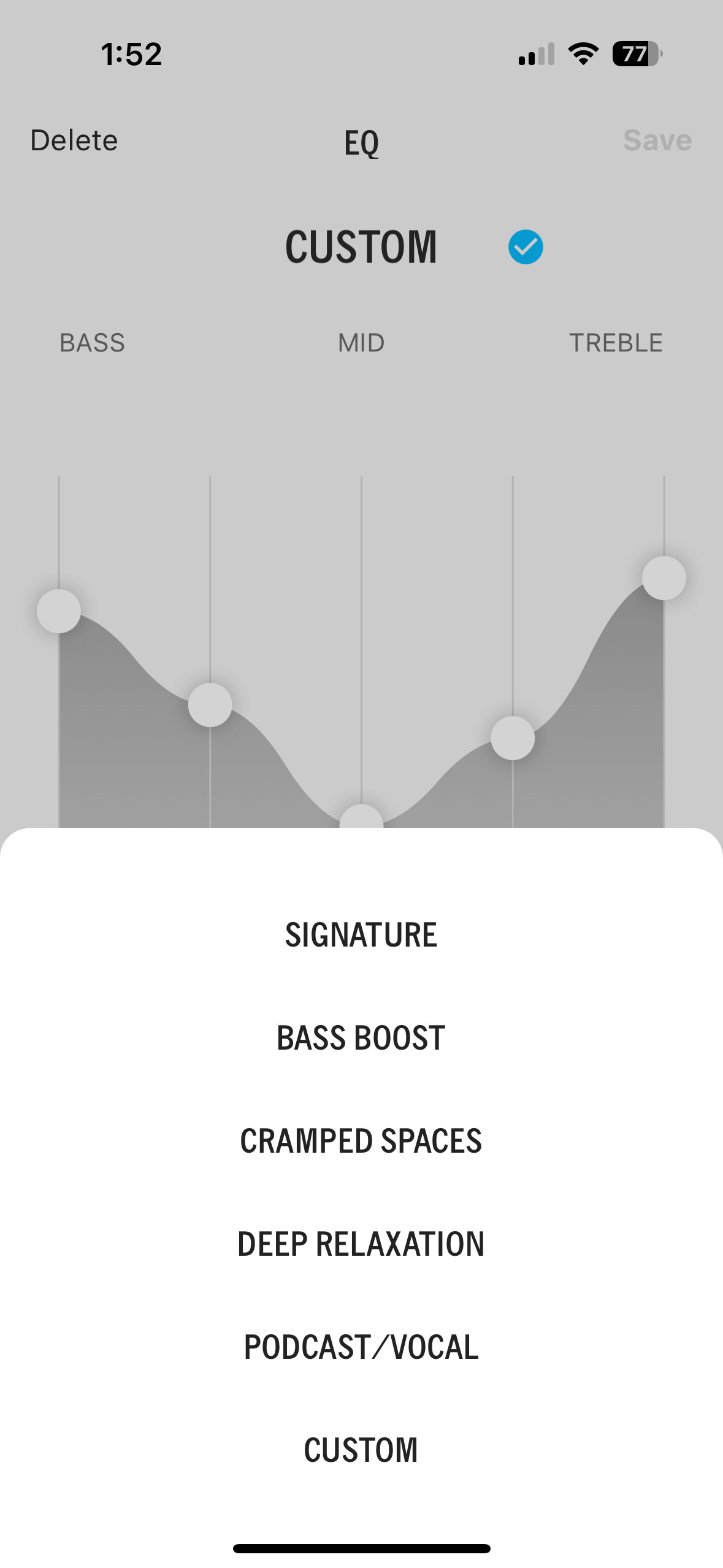 Screen shot of the UE Boom app showing various EQ options.